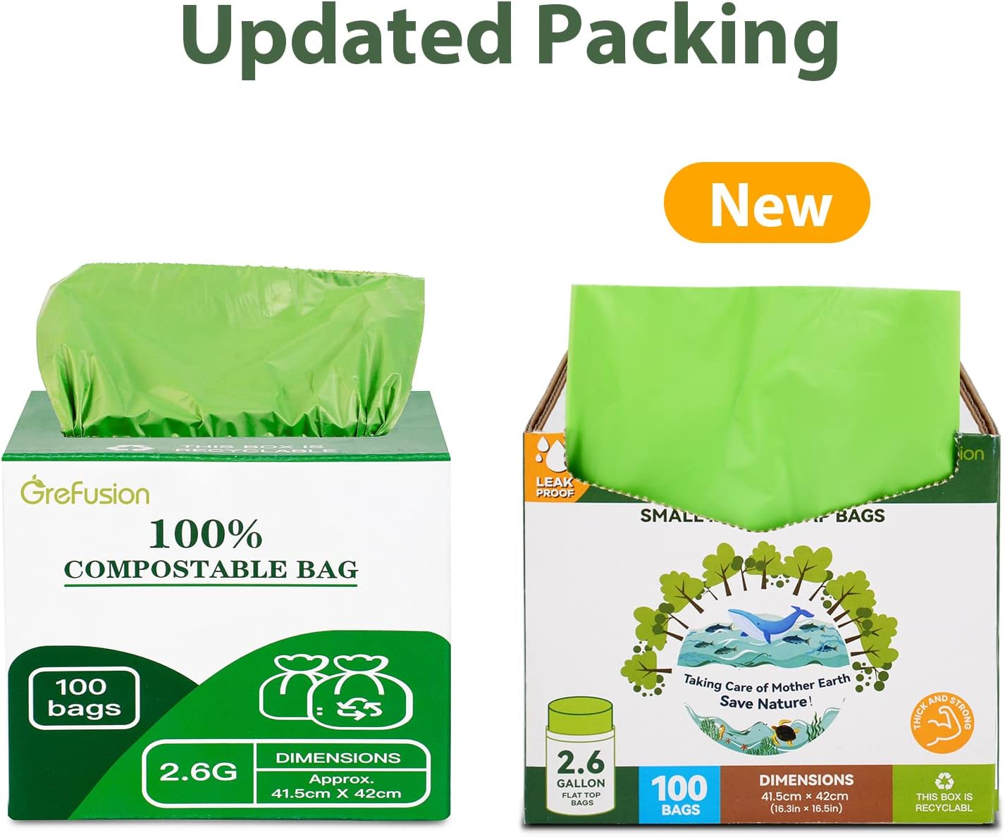 GreFusion 2.6 Gallon Compostable Trash Bags, 100 Count, Extra Thick 0.71 Mil, Certified by BPI and