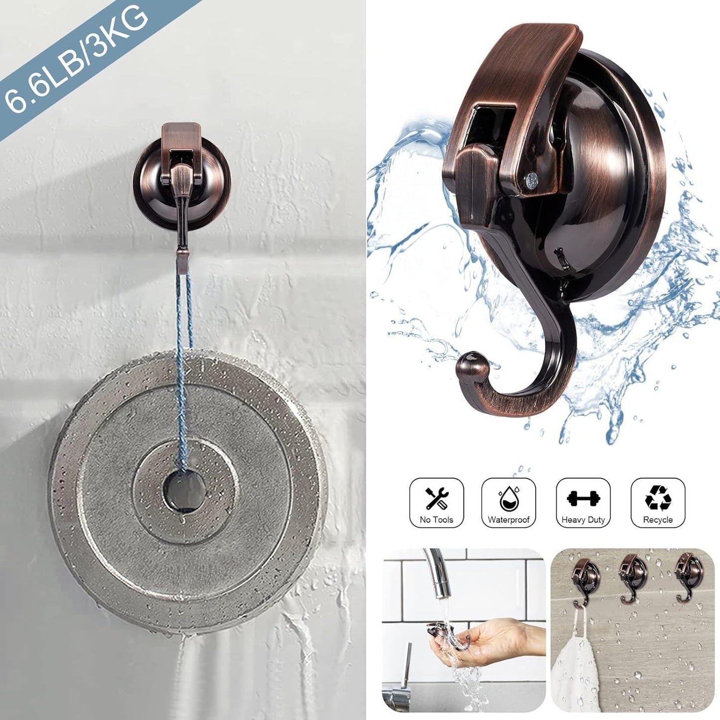 Suction Cup Hooks for Shower, Bathroom, Kitchen, Glass Door, Mirror, Tile – Loofah, Towel, Coat