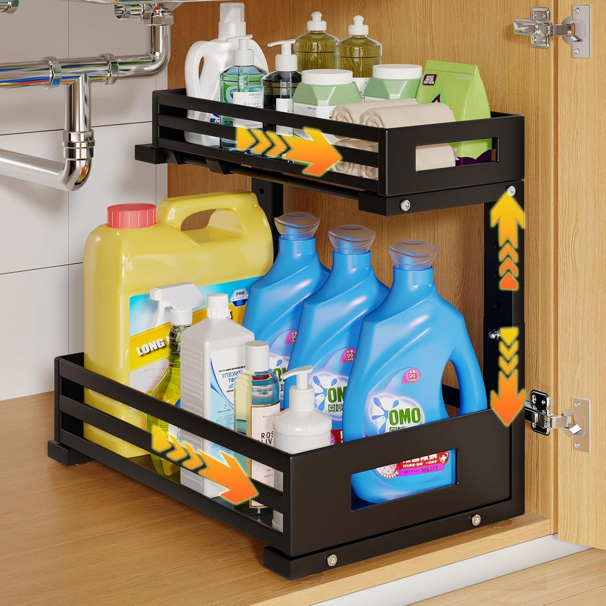 1-Pack Under Sink Organizers and Storage,2-Tier L Shape Pull Out Cabinet Organizer With Round Tube