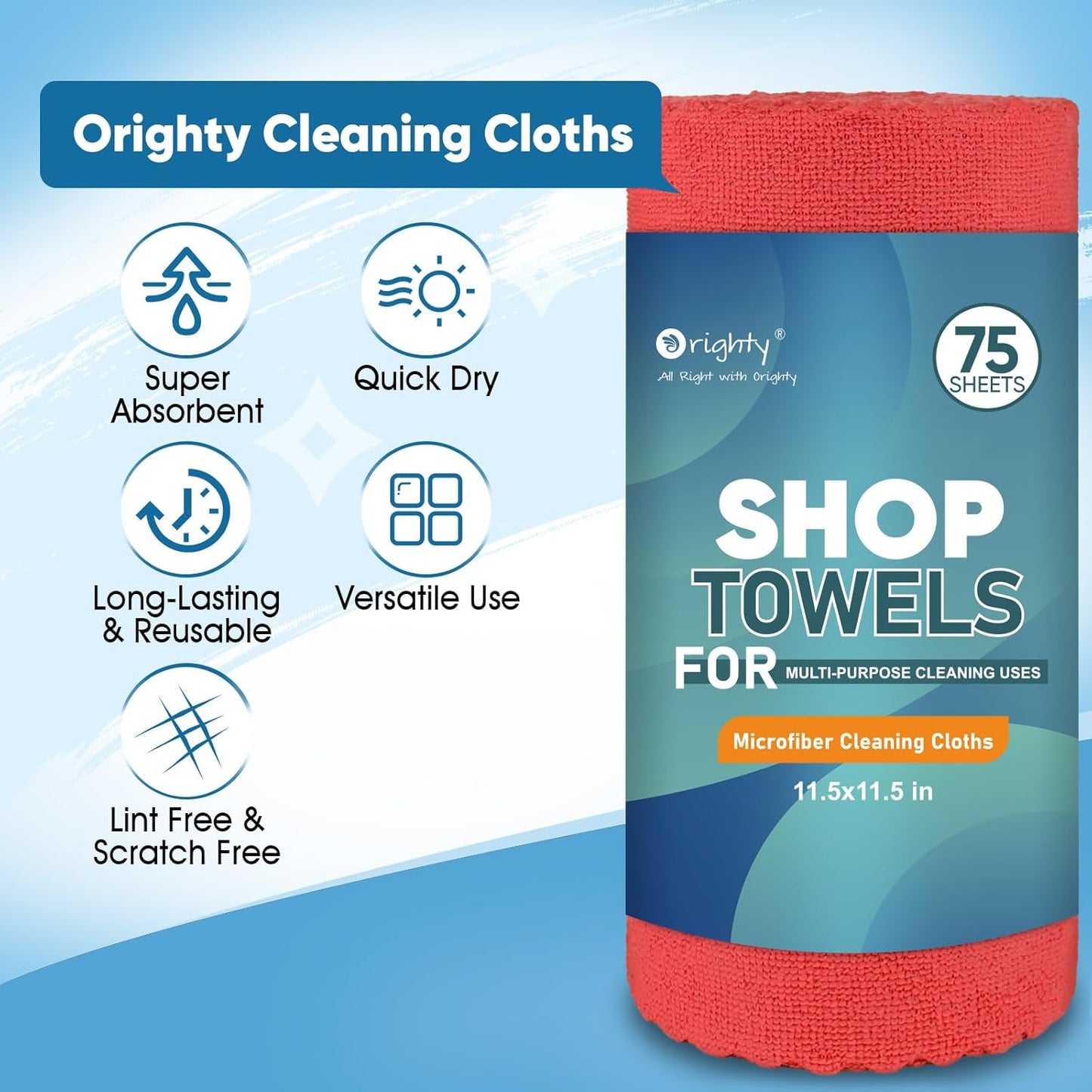 Orighty Microfiber Cleaning Cloths, 75 Sheets Shop Towels, Reusable Paper Towels Shop Rags