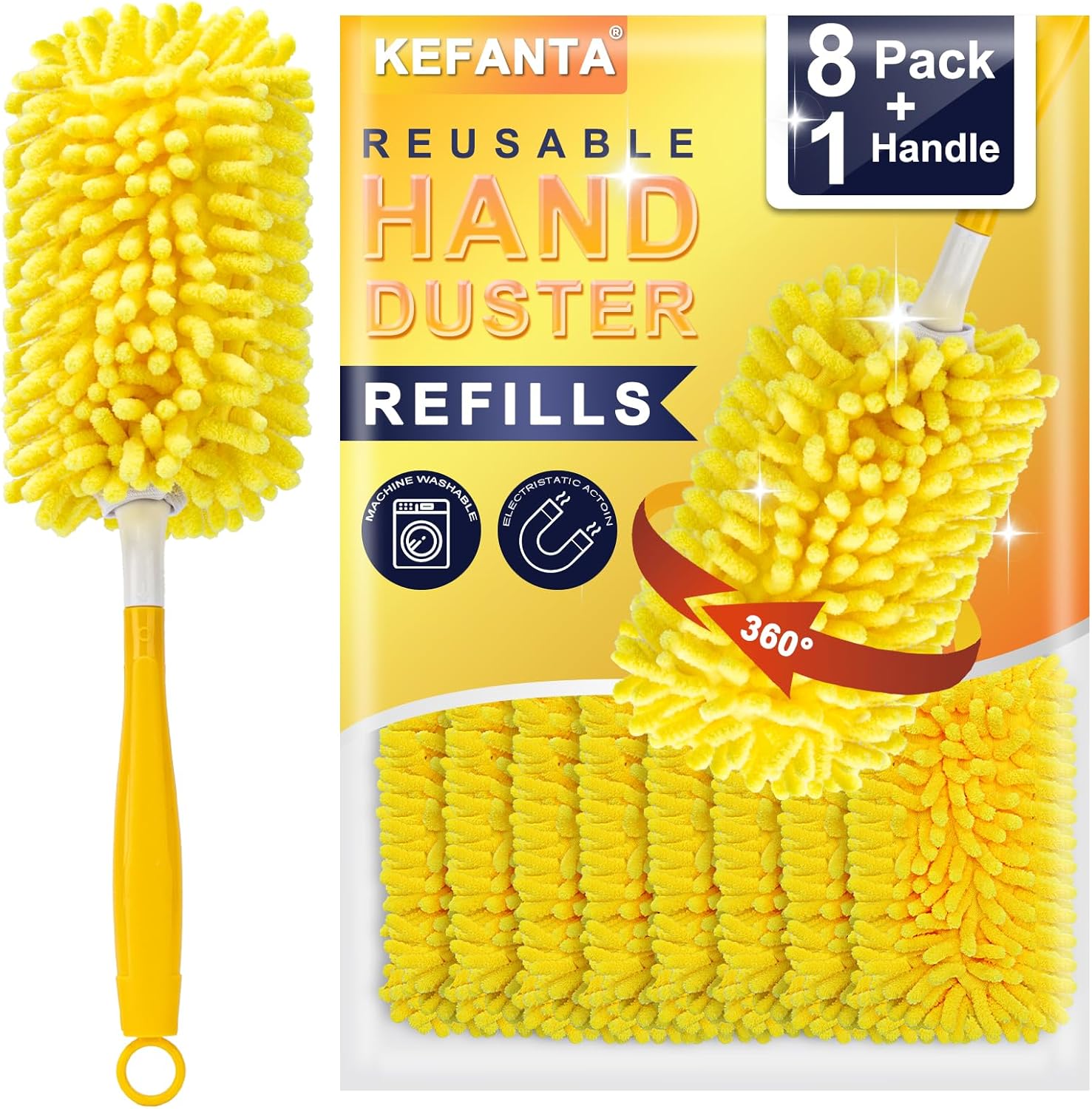 KeFanta Reusable Duster Refill for Swiffer, 360° Heavy Duty Duster Refills 8Pcs with 1 Handle