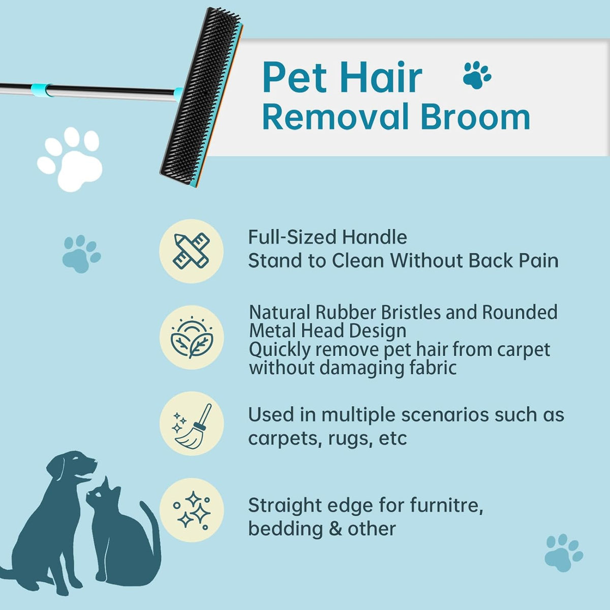 Carpet Rake - 60" Long Handle Pet Hair Removal with Metal Fabric Edge Design,Carpet Broom,Carpet