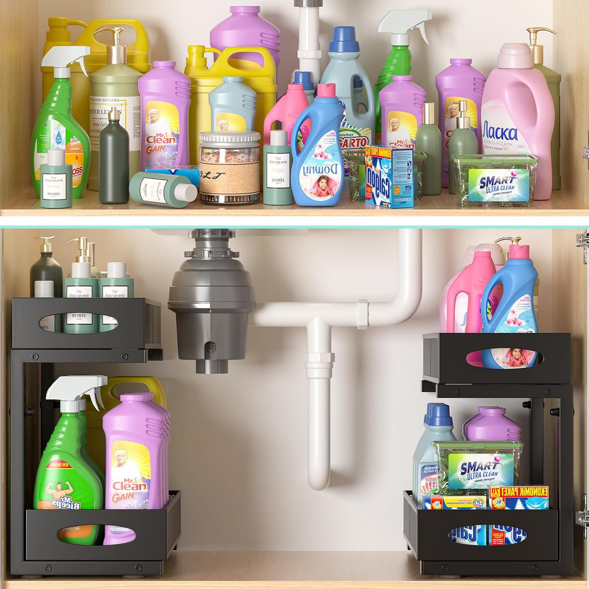 Under Sink Organizer, 2-Pack of 2-Tier Metal Slide Out Pull Out Cabinet Organizer Shelf, Height