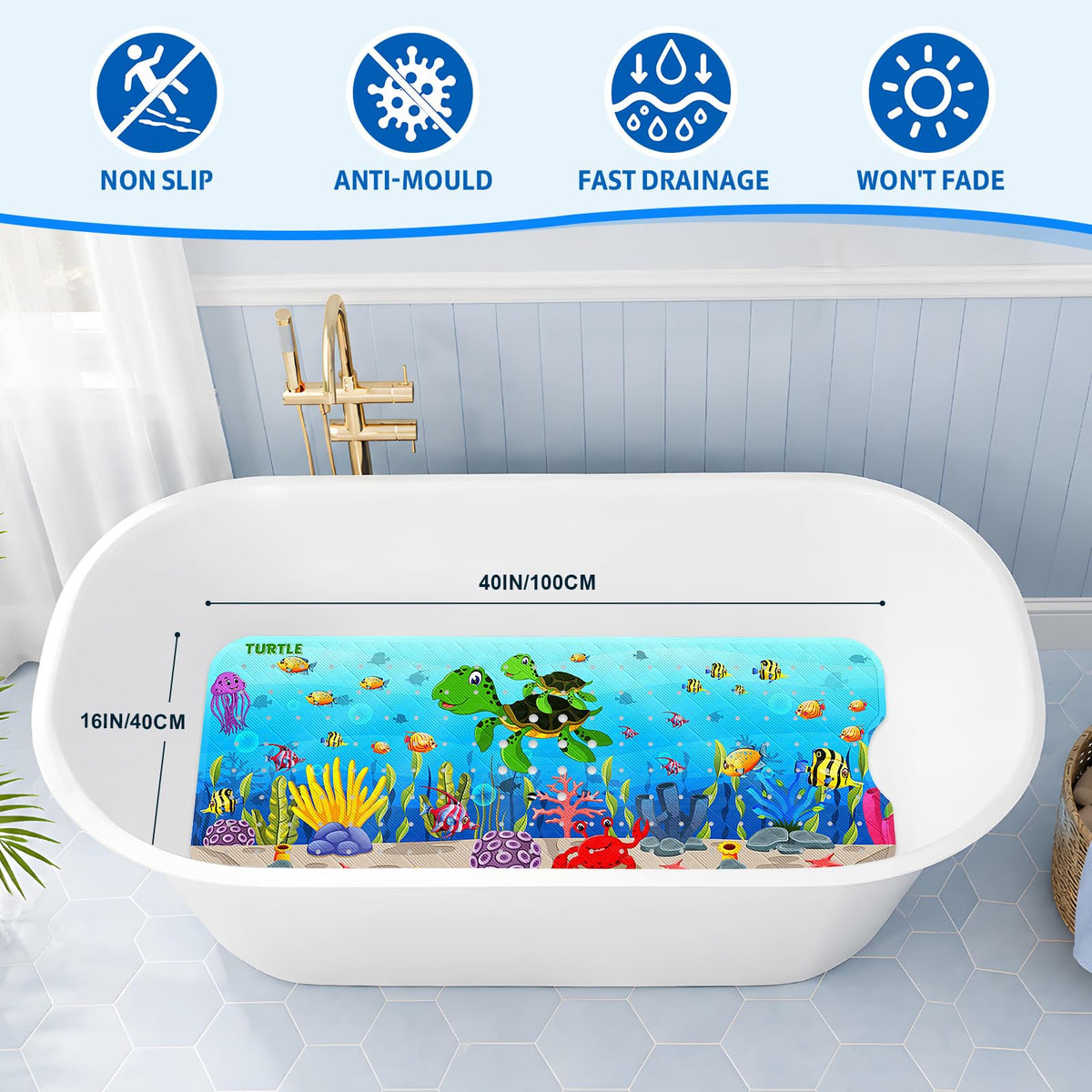 XIYUNTE Baby Bath Mat for Tub Non Slip, BPA Free Extra Long Bathtub Mat Non Slip 40x16 with Drain