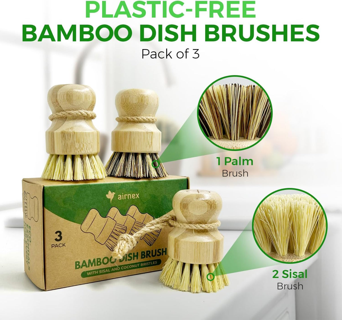 Bamboo Dish Brush Set of 3-100% Plastic Free Kitchen Scrubber with Medium Stiff Sisal and Strong