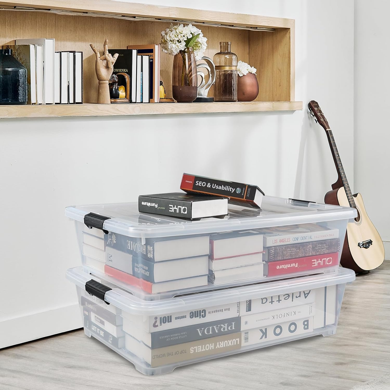 50 Quart Clear Plastic Under Bed Storage Bin with Lid, Underbed Storage Container with Wheels