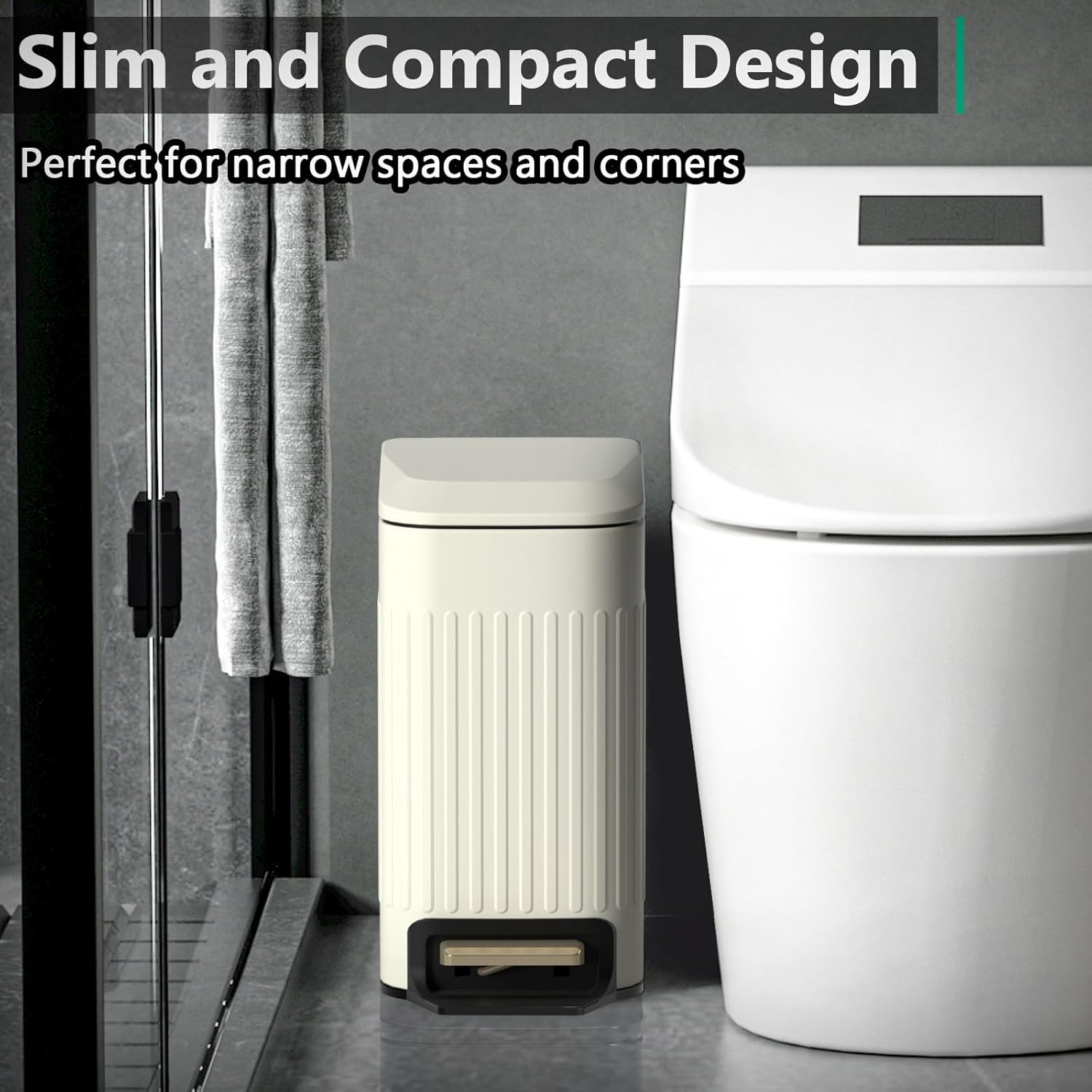 CEROELDA Small Bathroom Trash Can with Lid Soft Close-5L/1.3 Gal Slim Garbage Can-Metal Step