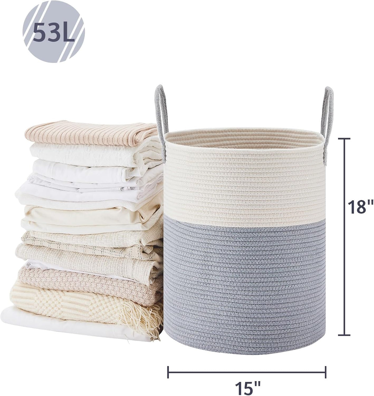VIPOSCO Large Laundry Hamper, Tall Woven Rope Storage Basket for Blanket, Toys, Dirty Clothes in
