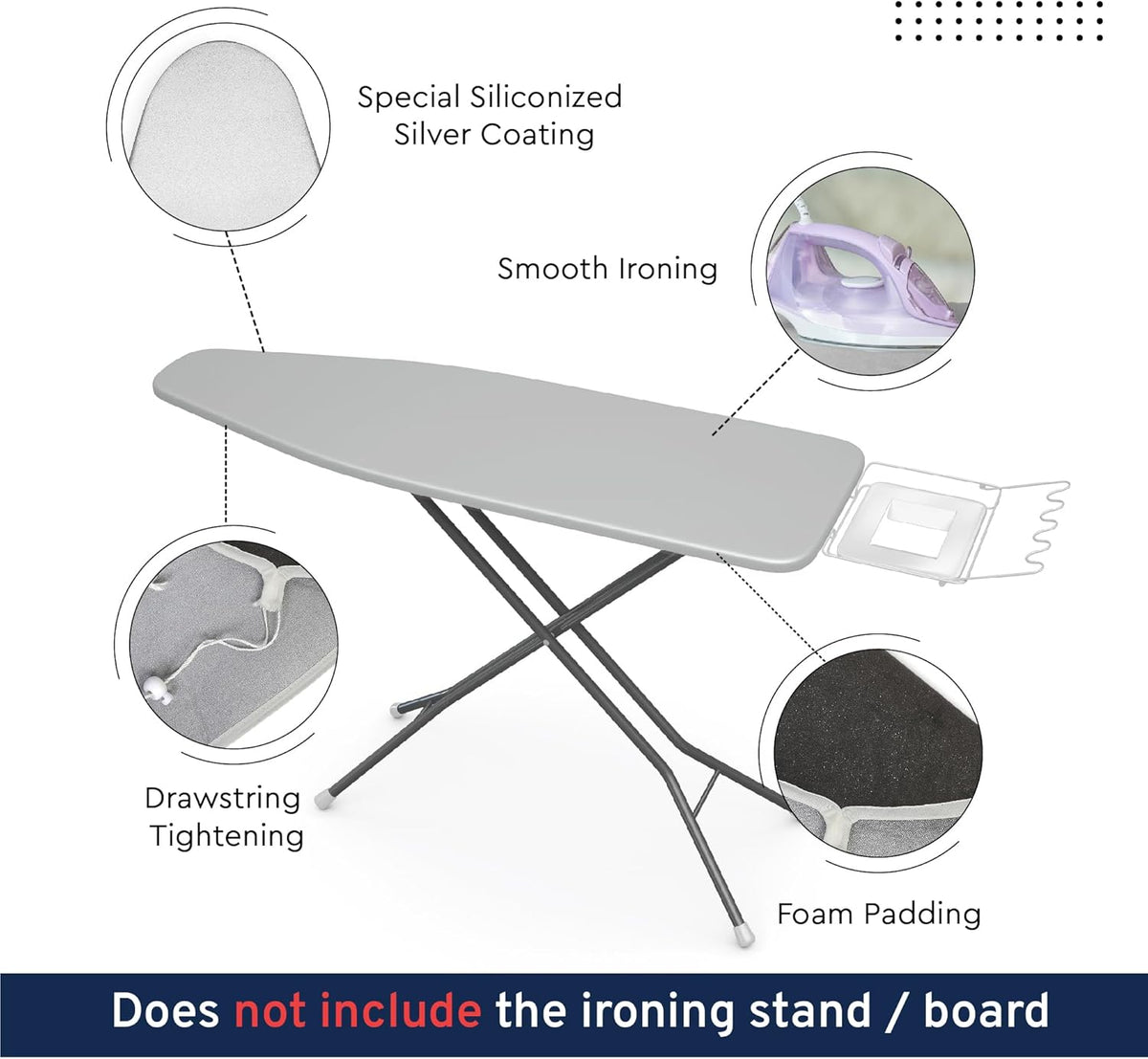 Encasa XO Ironing Board Cover and Pad 49"x18" - Metallised 'Silver Super Luxury' with Foam & Felt