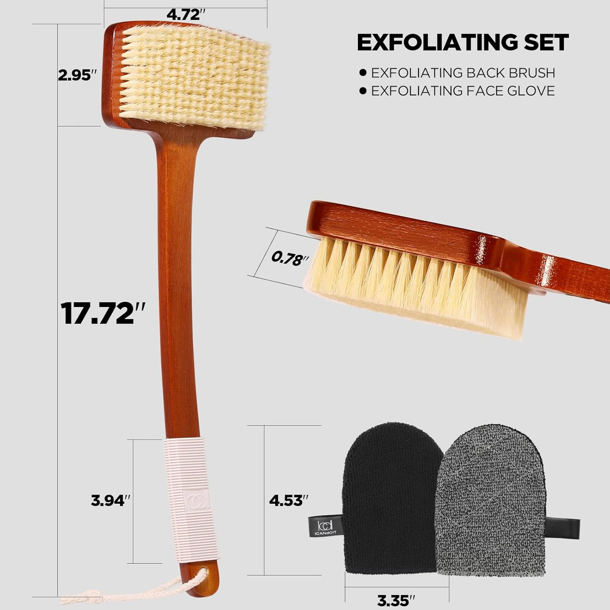 ICANdOIT Exfoliation Set-17.71 Inch Boar Bristles Back Scrubber Bath Brush,Shower Brush with