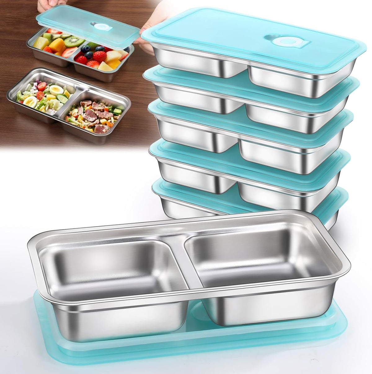 6 Pack Stainless Steel Snack Containers Reusable, Grab and Go 2 Compartment Food Storage Containers