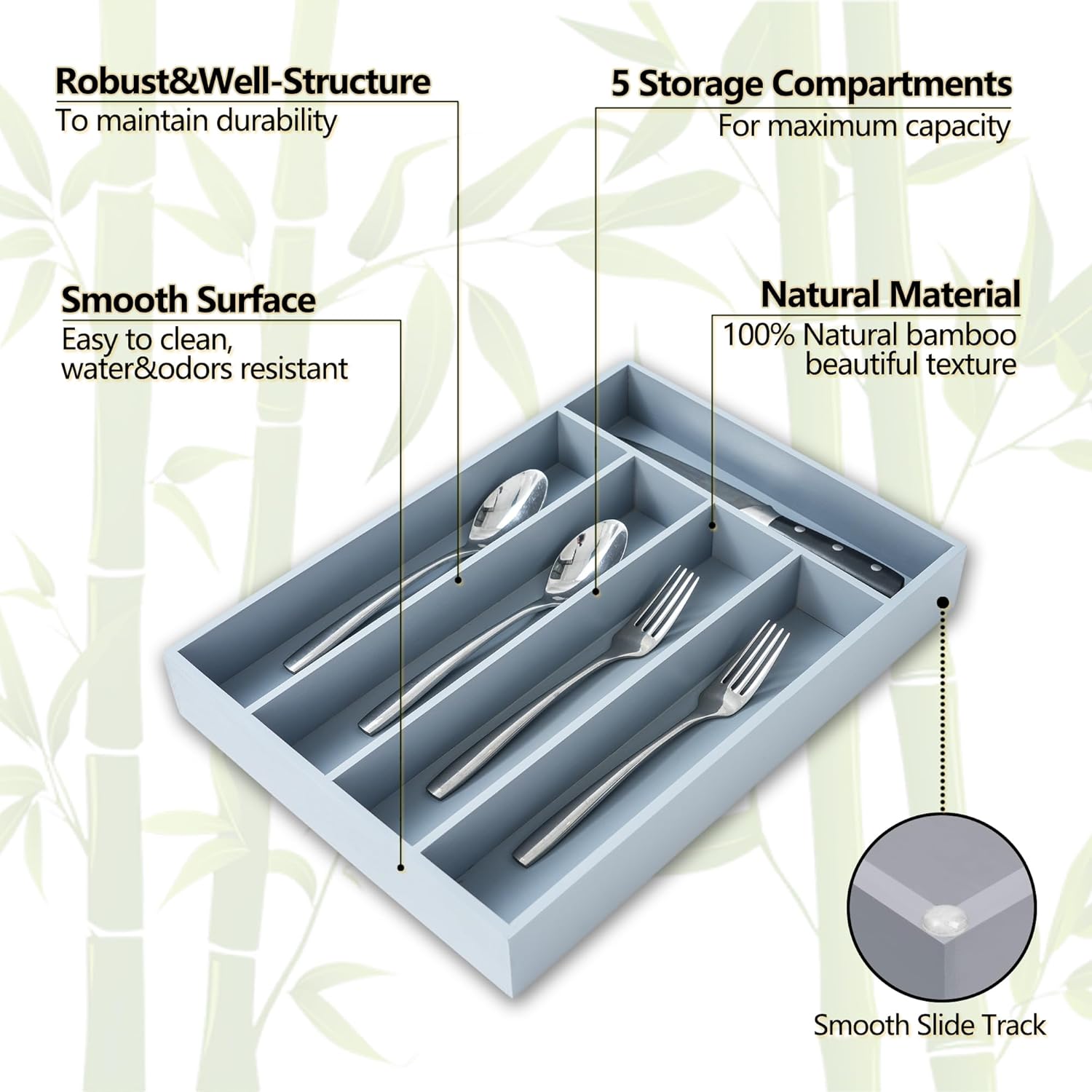 Silverware Organizer, 10 Inch Utensil Organizer Kitchen Drawer Organizer Bamboo Silverware Holder