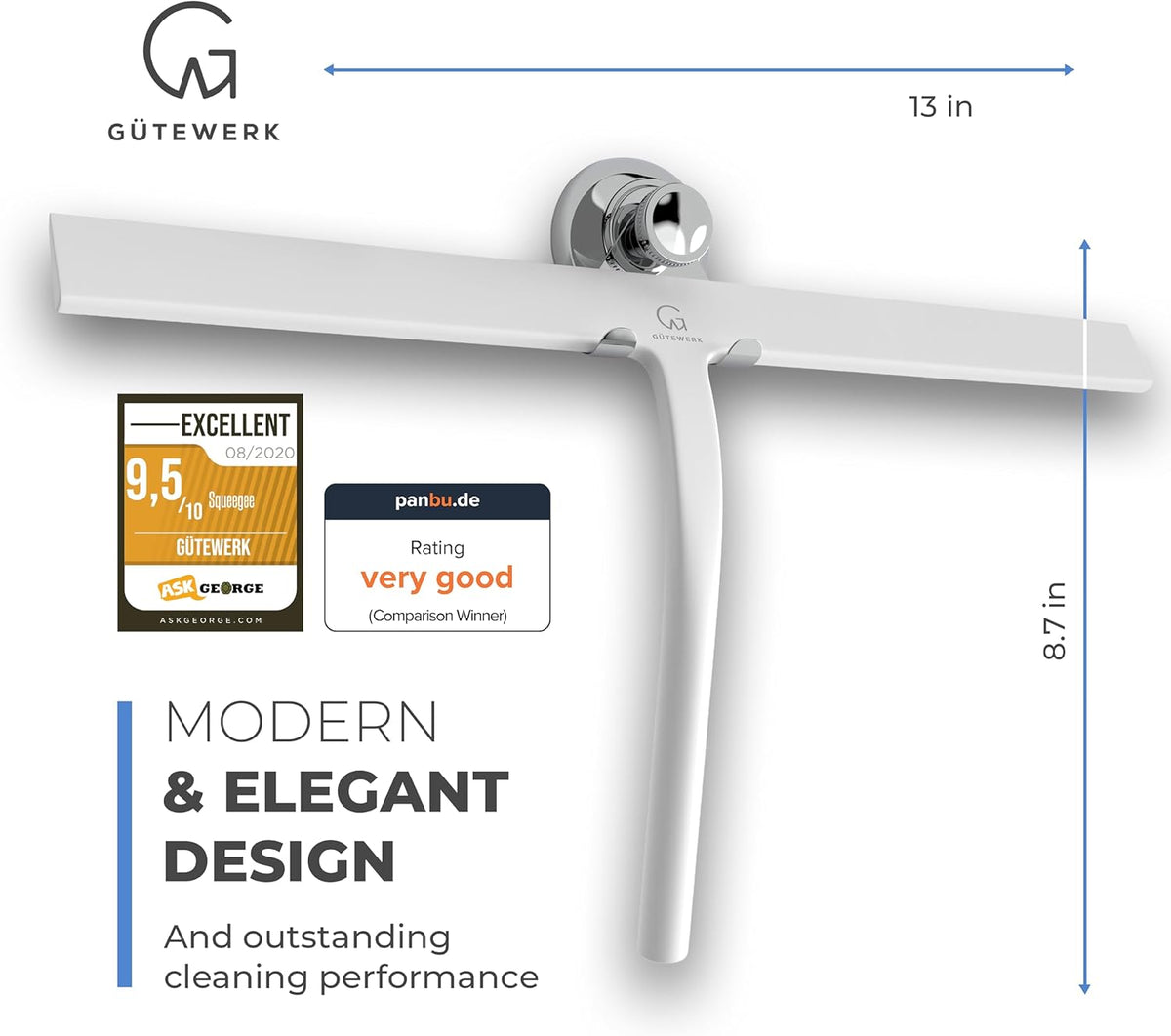 GÜTEWERK Shower Squeegee for Glass Doors, Silicone Window Squeegee, Bathroom and Glass Cleaning