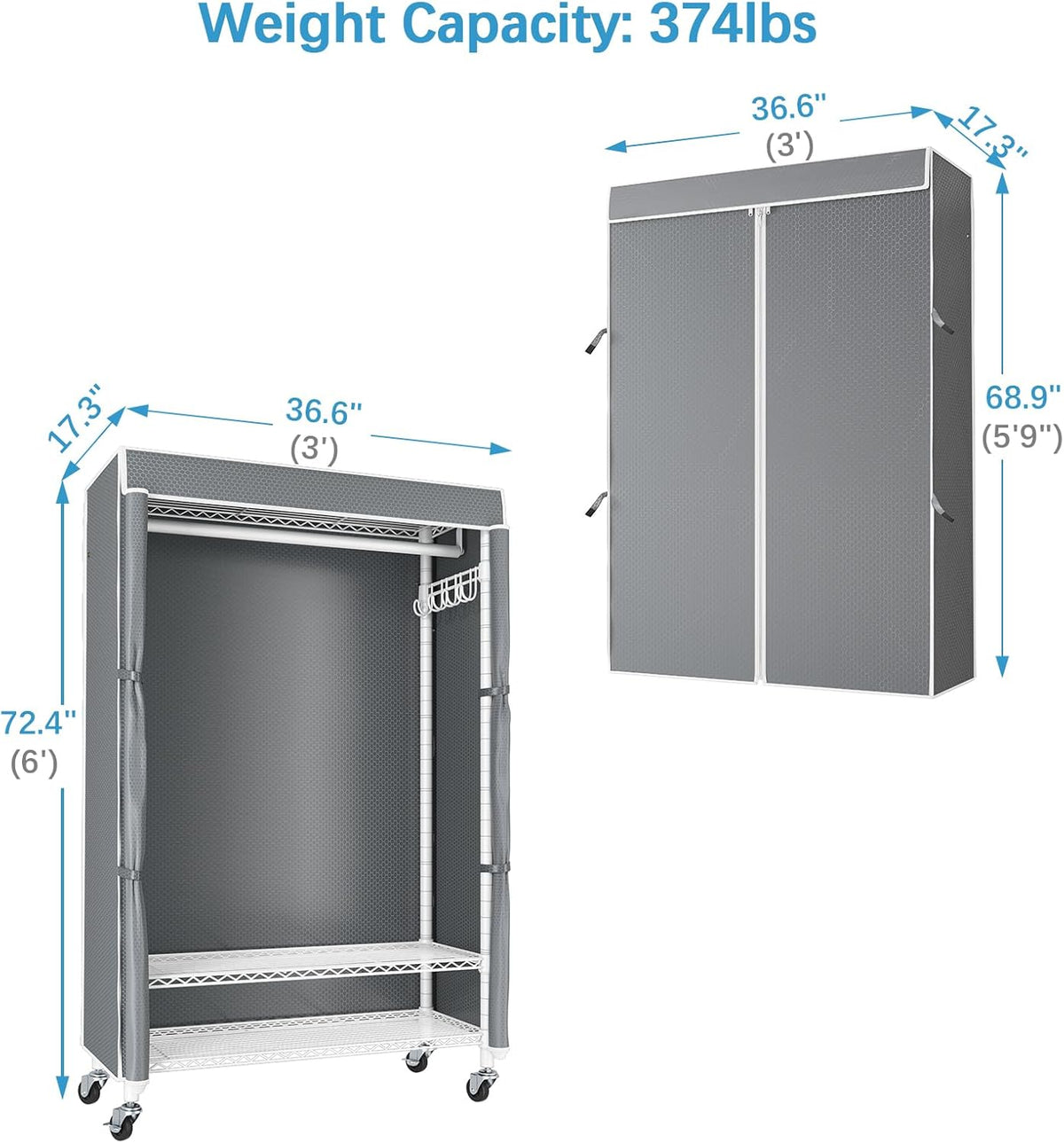 VIPEK R3C Portable Closet with Cover - Heavy Duty Freestanding Clothes Rack with Wheels & Hanging