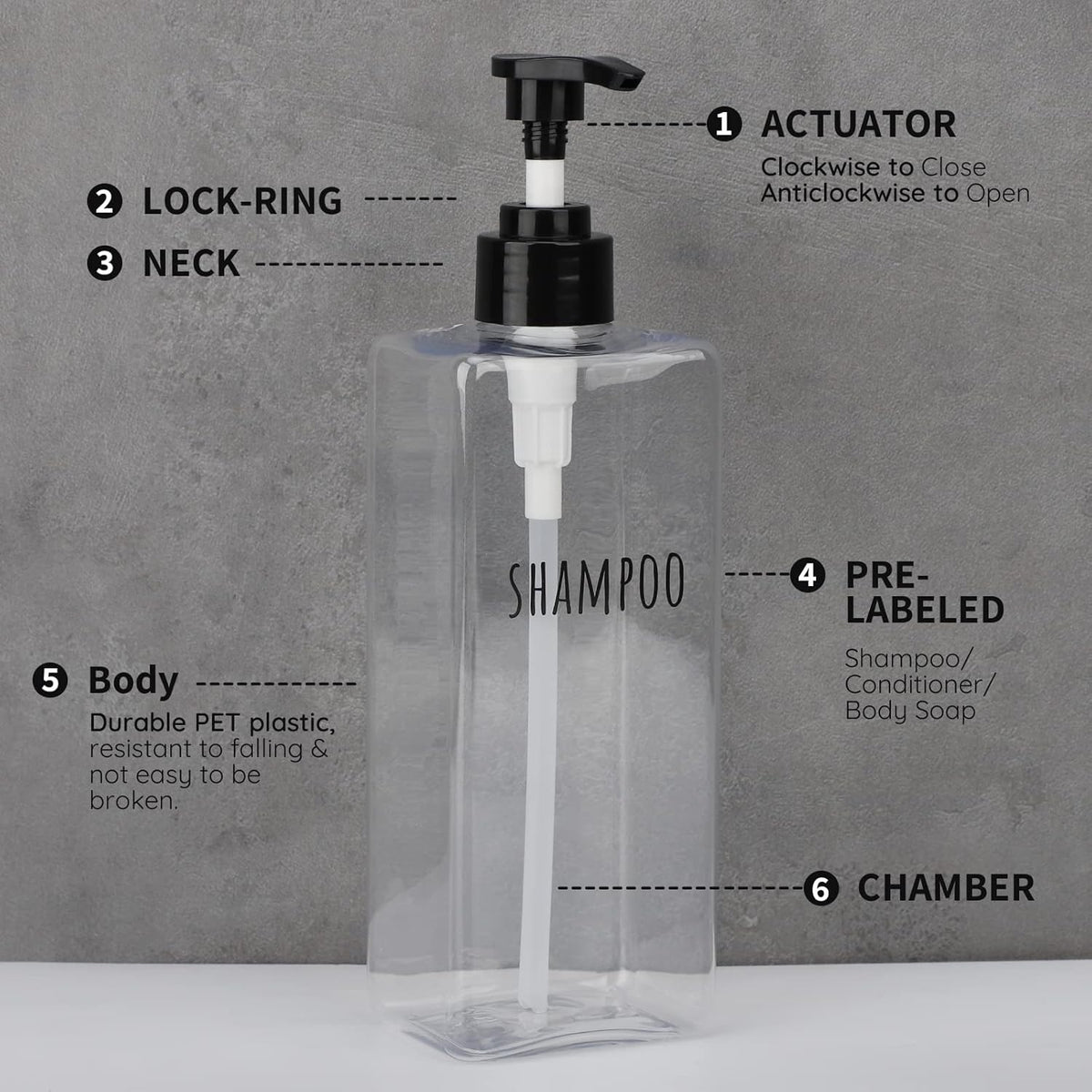 Segbeauty Clear Square Shampoo Bottles, 3pcs 16.9oz Refillable Plastic Lotion Dispenser with Pump