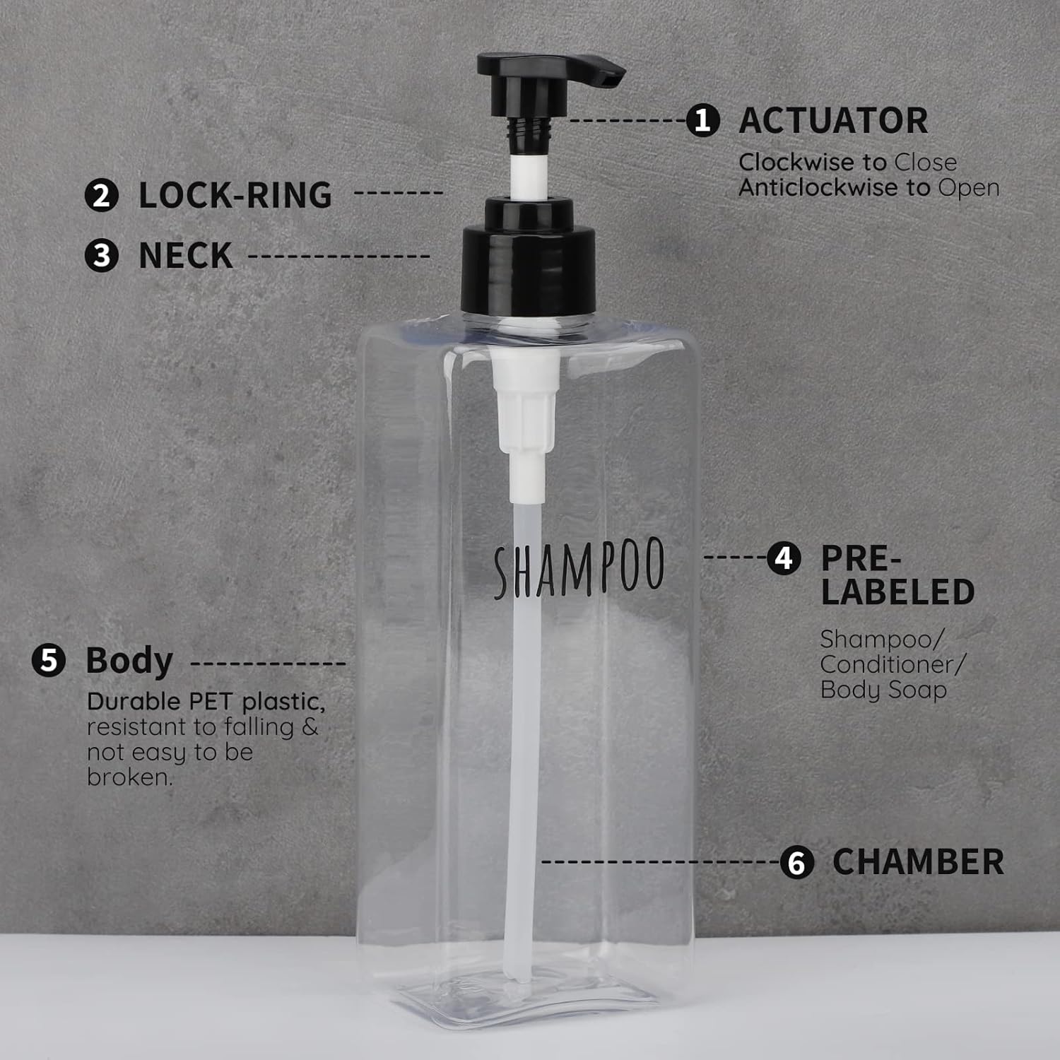 Segbeauty Clear Square Shampoo Bottles, 3pcs 16.9oz Refillable Plastic Lotion Dispenser with Pump