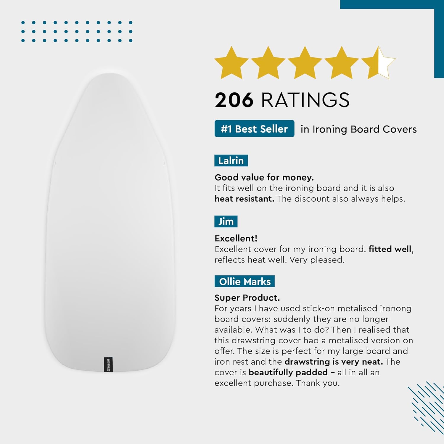 Encasa XO Ironing Board Cover and Pad 49"x18" - Metallised 'Silver Super Luxury' with Foam & Felt
