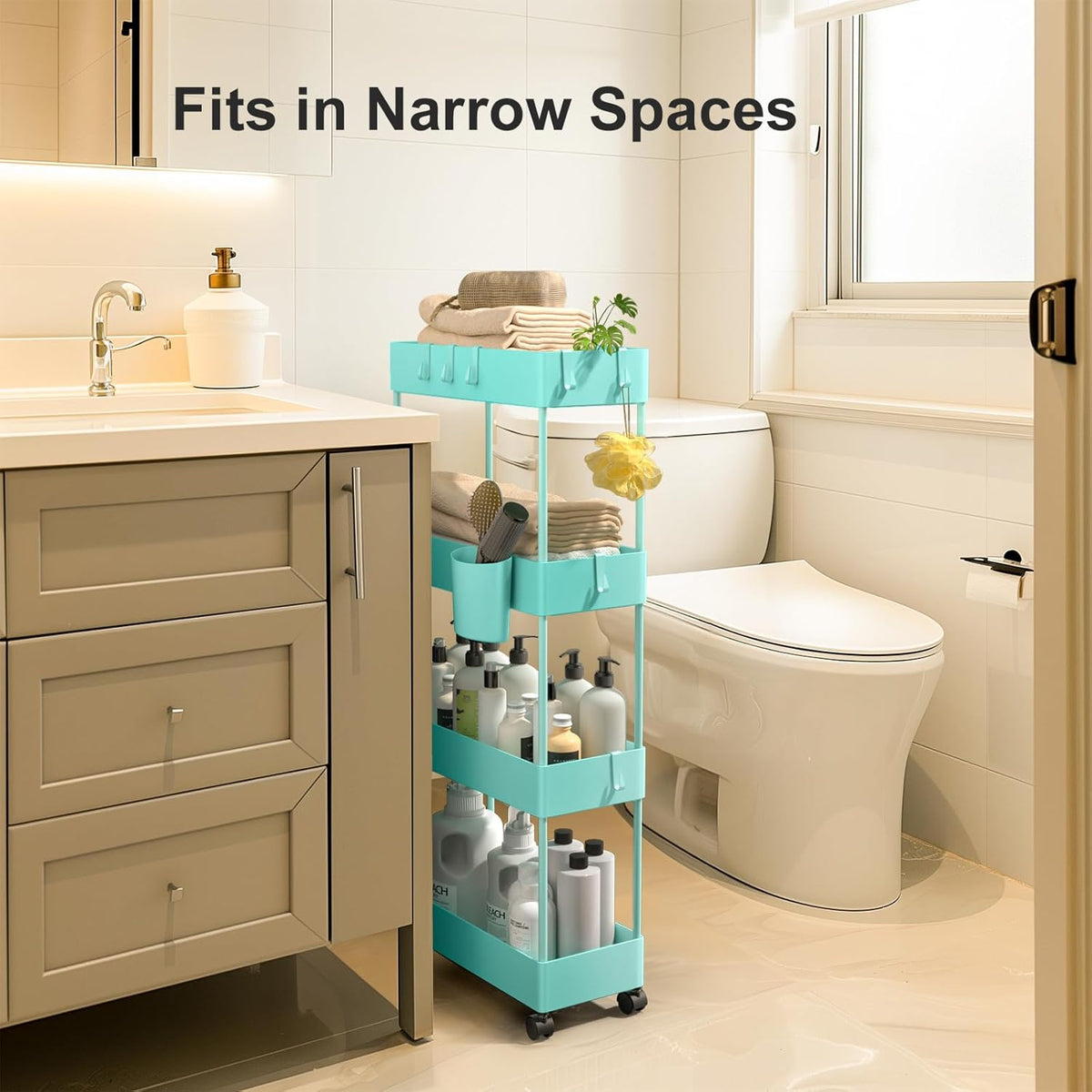 Pipishell Slim Storage Cart with Wheels, 4 Tier Bathroom Storage Organizer Rolling Utility Cart for