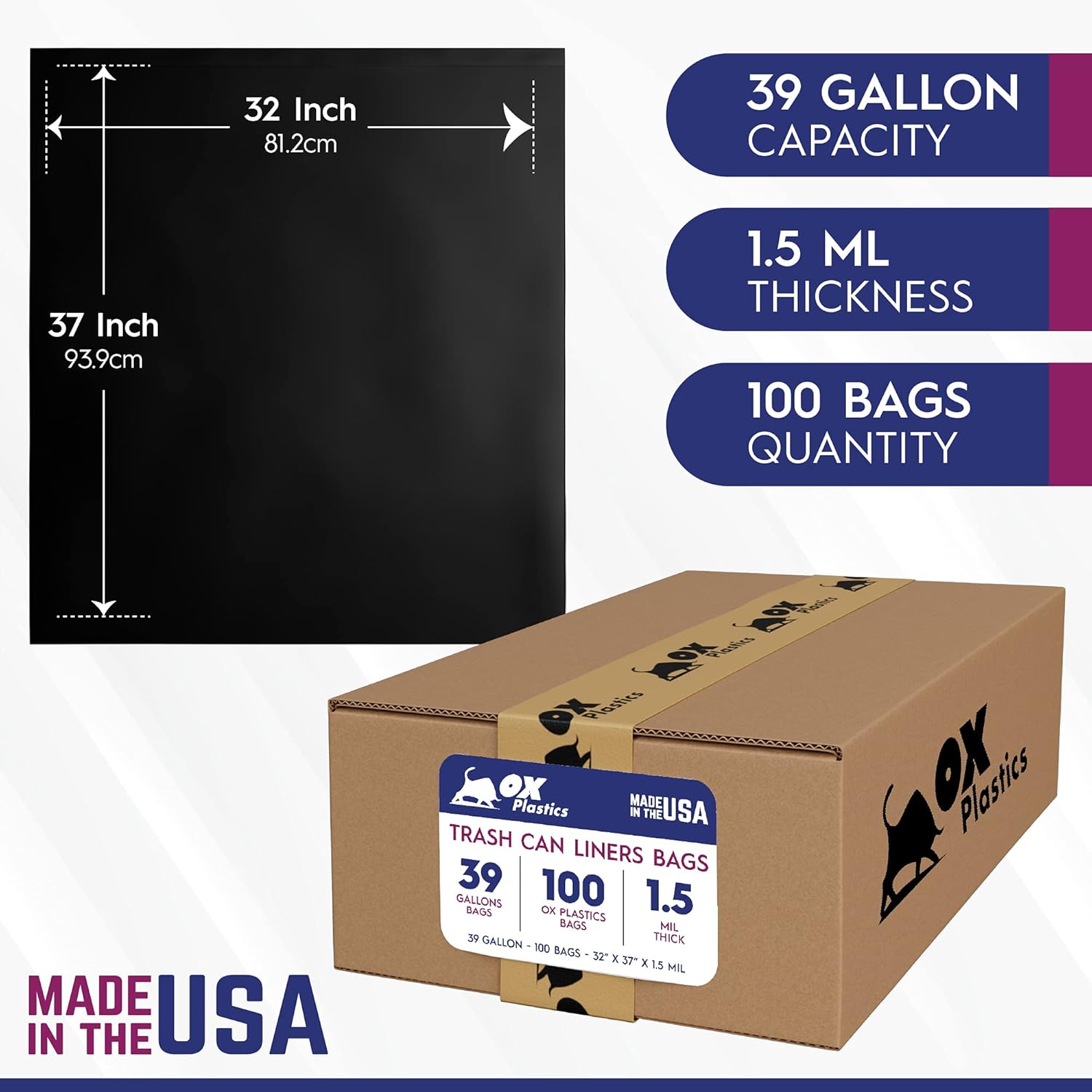 OX Plastics Black Trash Bags - Heavy Duty Garbage Bags, Extra Thick Unscented Large Trash Can