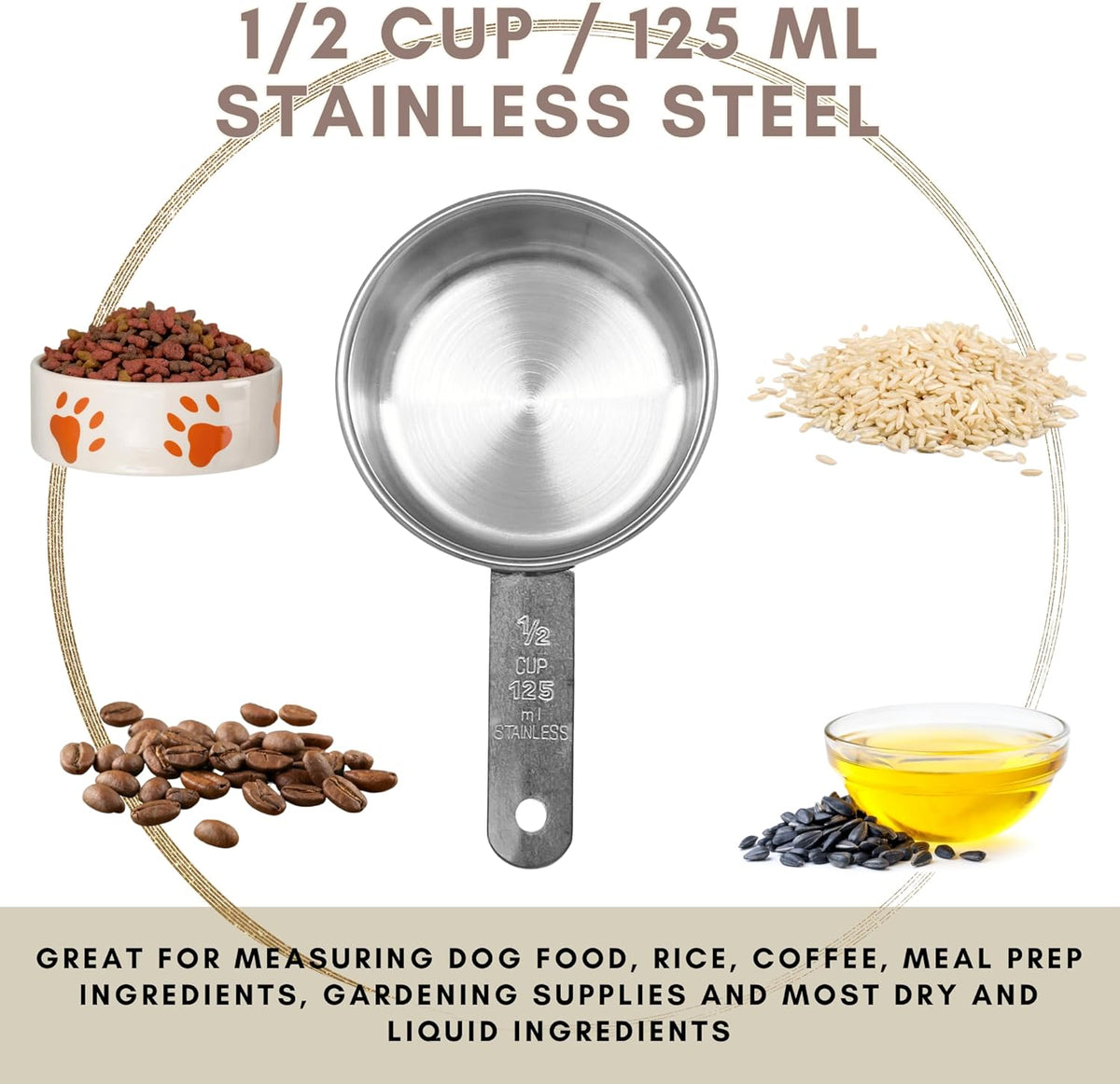 1/2 Cup Stainless Steel Measuring Cup | Sturdy Metal 125 ml | 125 cc | 4 oz | Single Cup for Wet