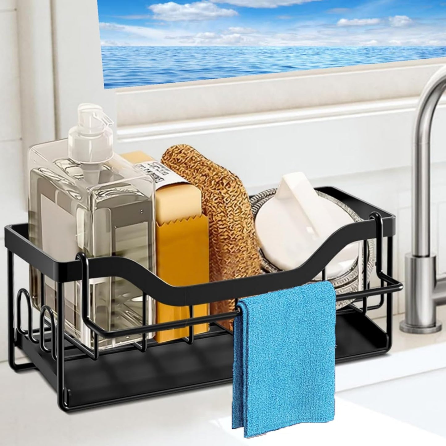 Sponge Holder for Kitchen Sink - Sink Caddy Organizer with Auto Drain Tray, Detachable Towel Rack
