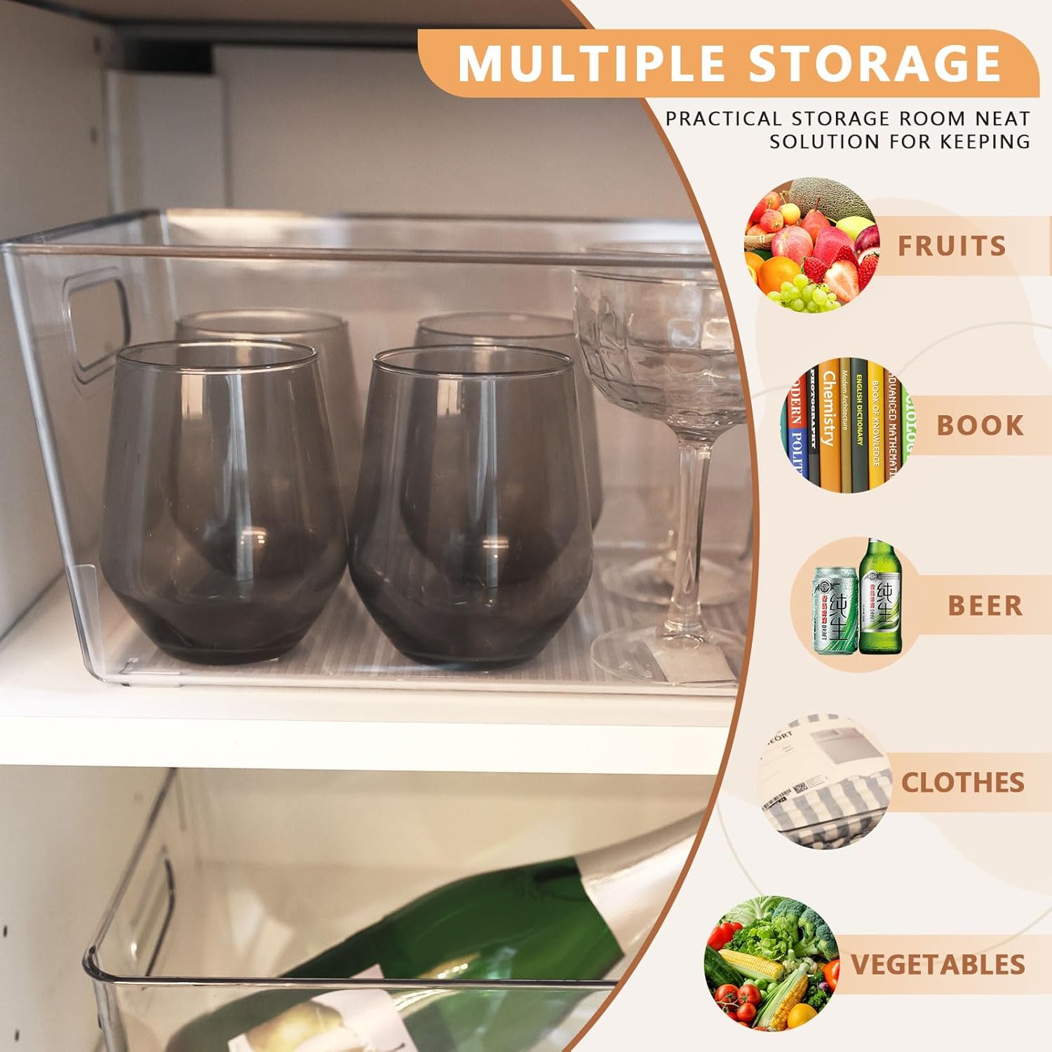 MOONEDGE 8-Pack Clear Plastic Storage Bins — Open-Top PET Containers and Organizers, 11" x 8" x 6"