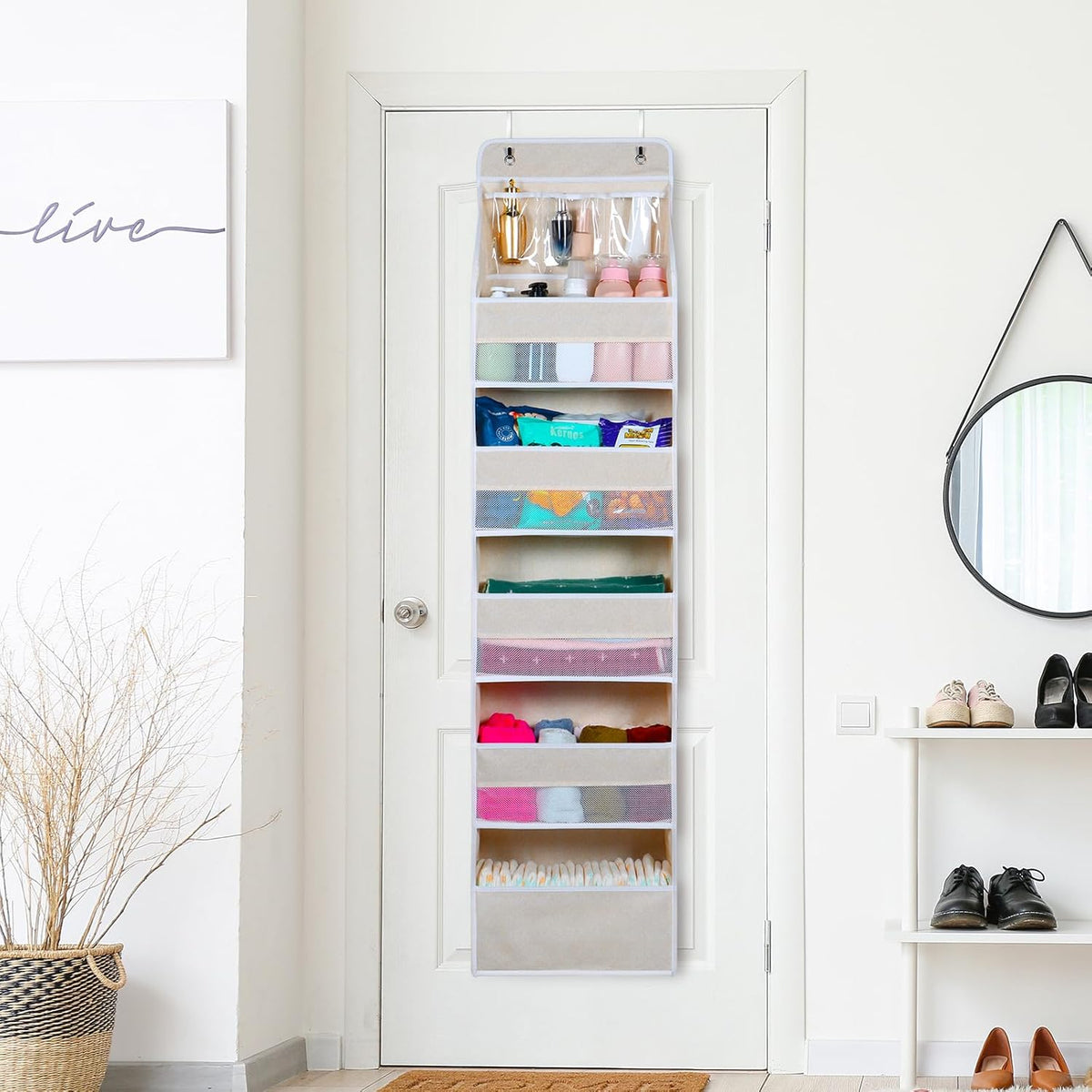 Univivi 6-Shelf Over Door Hanging Organizer Fabric Baby Door Storage with 5 Large Pockets and 3