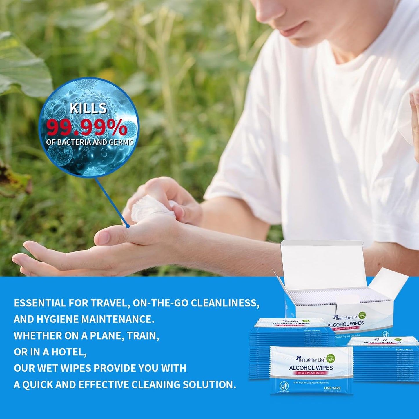 All - Purpose Travel Wipes, 55 Individually Wrapped 75% Alcohol Antibacterial Hand Sanitizing Wipes