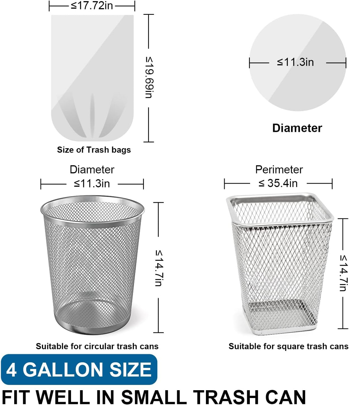 Small Trash Bags 4 Gallon with Drawstring, 1.1 Mil 15 Liter White Thick Unscented Small Plastic