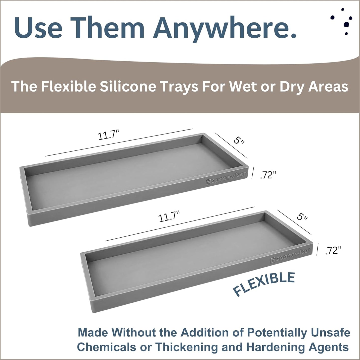 Countertop and Vanity Tray - 2 PC Large 11.7" Silicone Bathroom Trays, Counter Organizer, Dish Soap