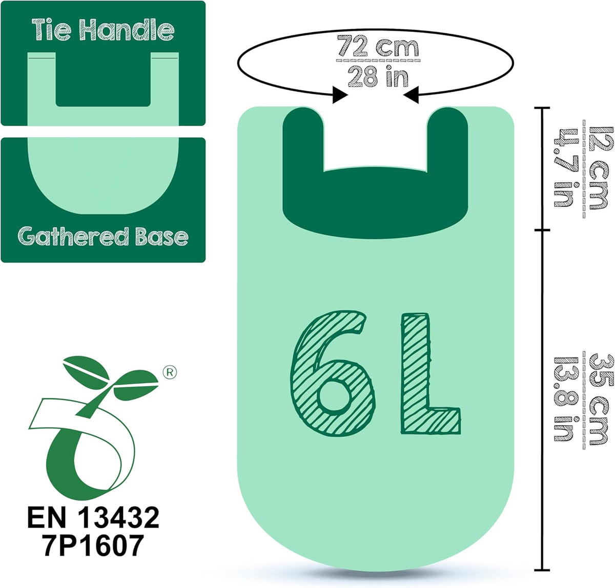 GREENER WALKER 100% Compostable Trash Bags with Tie Handles, 1.6 Gallon-150Bags, Food Scrap Kitchen