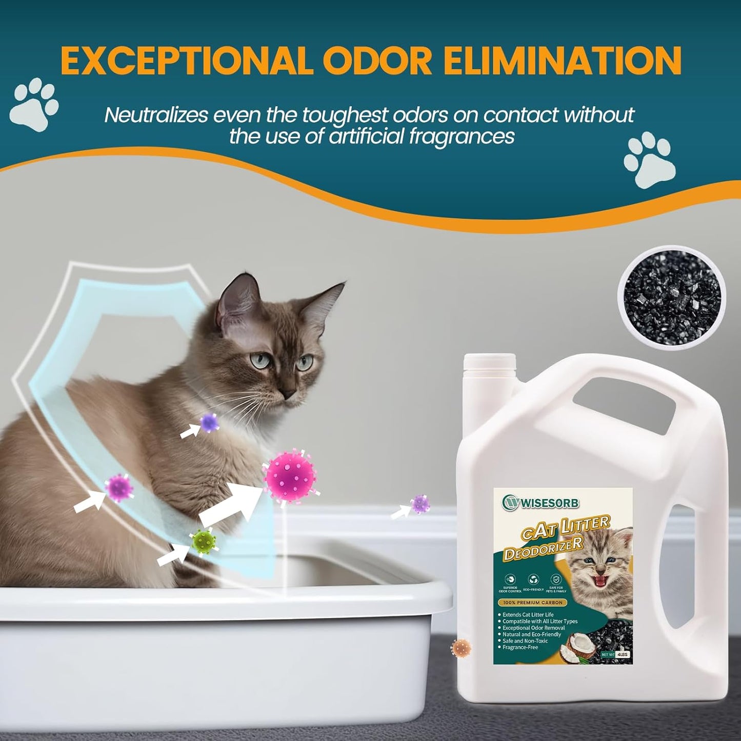 Cat Litter Deodorizer - 4Lb Activated Carbon Litter Box Odor Eliminator Absorber Unscented, Cat