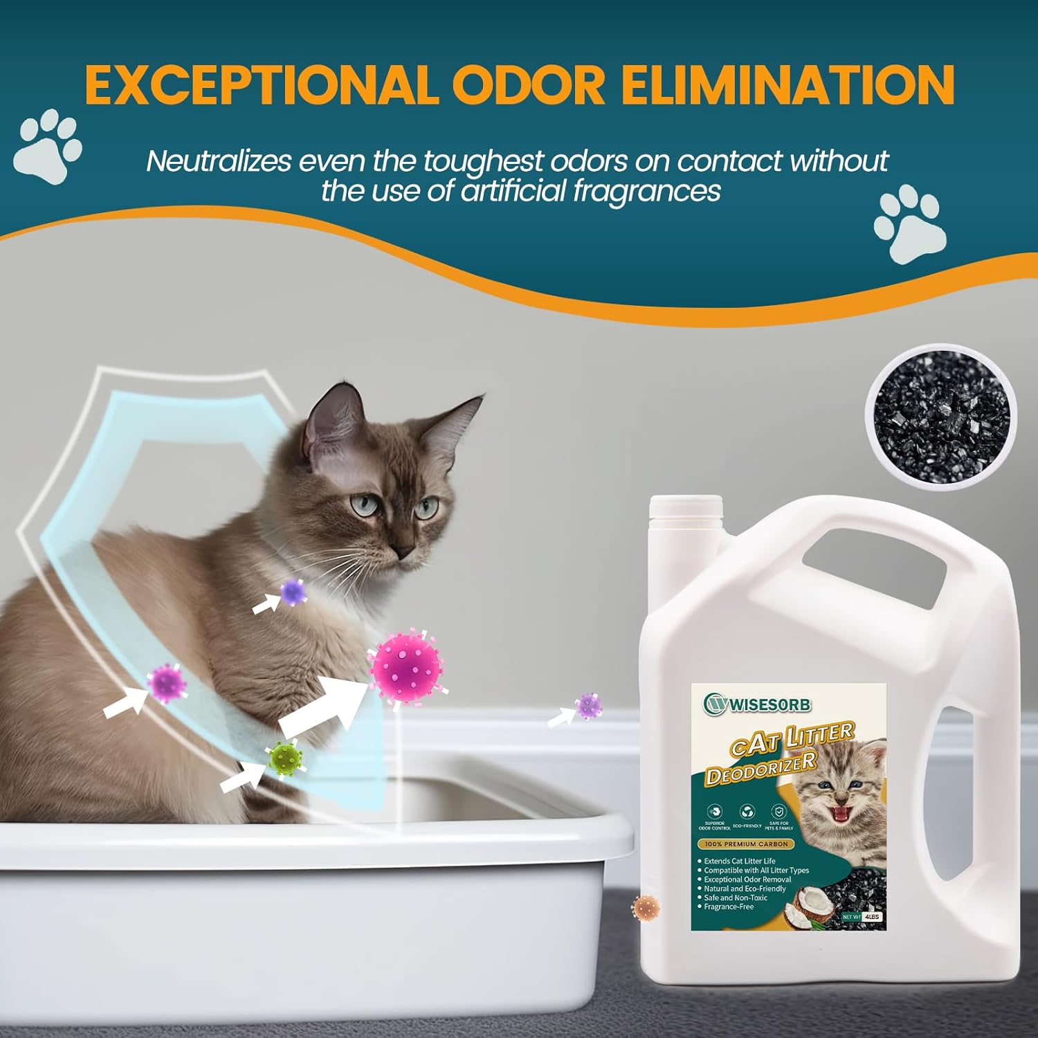 Cat Litter Deodorizer - 4Lb Activated Carbon Litter Box Odor Eliminator Absorber Unscented, Cat