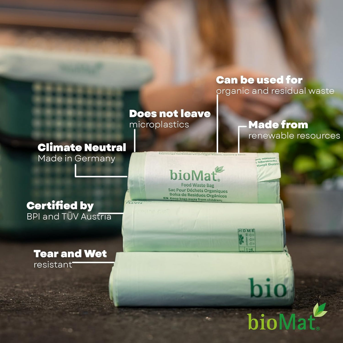 bioMat 1.2 Gallon Compostable Bags, 150 Count, Countertop Bin Liners, BPI ASTM D6400 and CMA