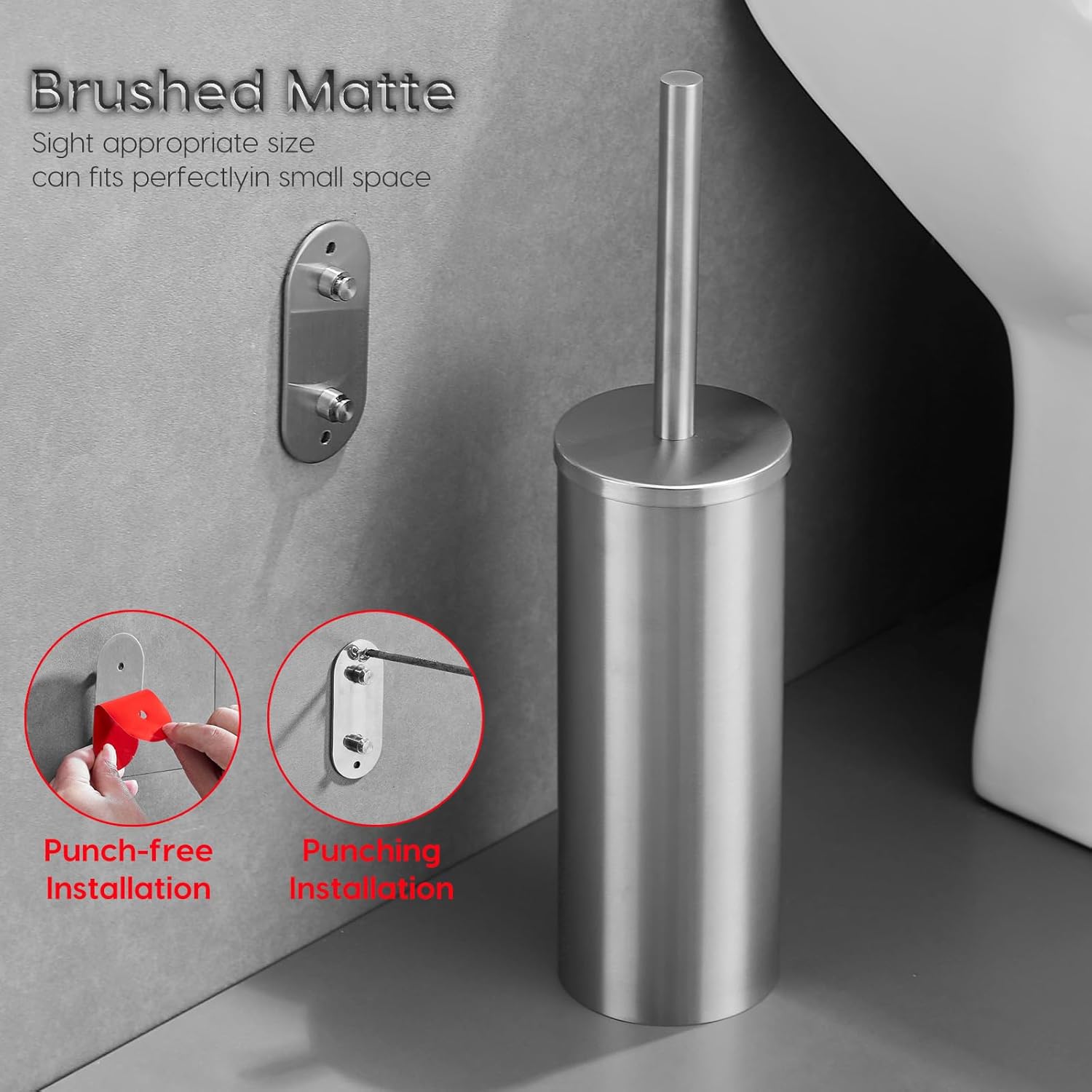Brushed Stainless Steel Toilet Brush and Cover, No-Punch Hook Base Dual Purpose Toilet Brush Holder