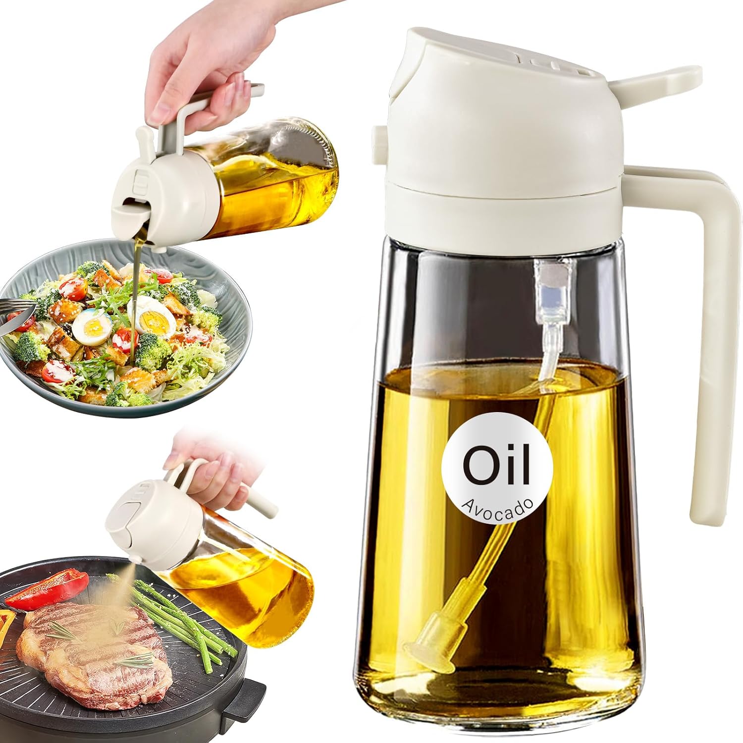 YARRAMATE 16oz/470ml Glass Olive Oil Sprayer for Cooking with Stickers, 2 in 1 Oil Dispenser for