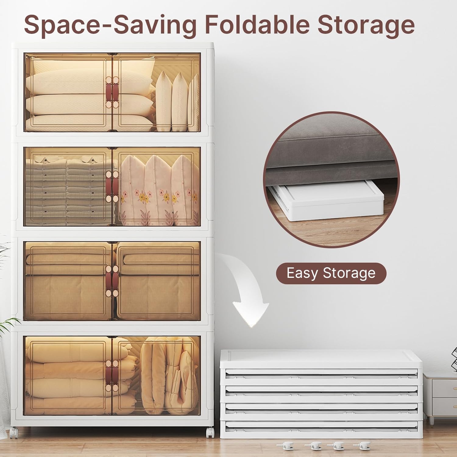 Extra Large Stackable Storage Bins with Lids & Wheels & Door, 660QT-165QT/41GAL*4Pack Foldable