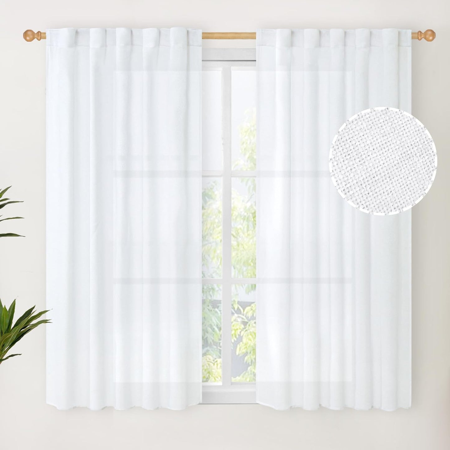 YoungsTex Short White Linen Curtains 45 Inch Length 2 Panels for Window, Semi Sheer Drapes Light