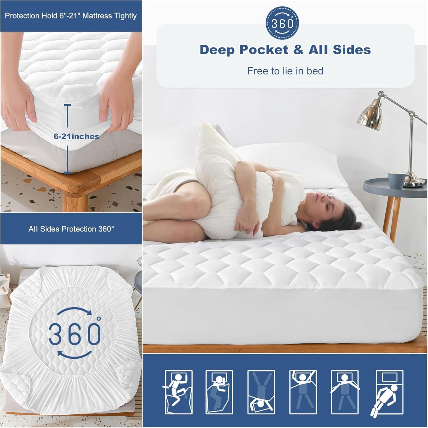GRT Queen Mattress Protector Waterproof, 100% Waterproof Quilted Fitted Mattress Pad, Noiseless