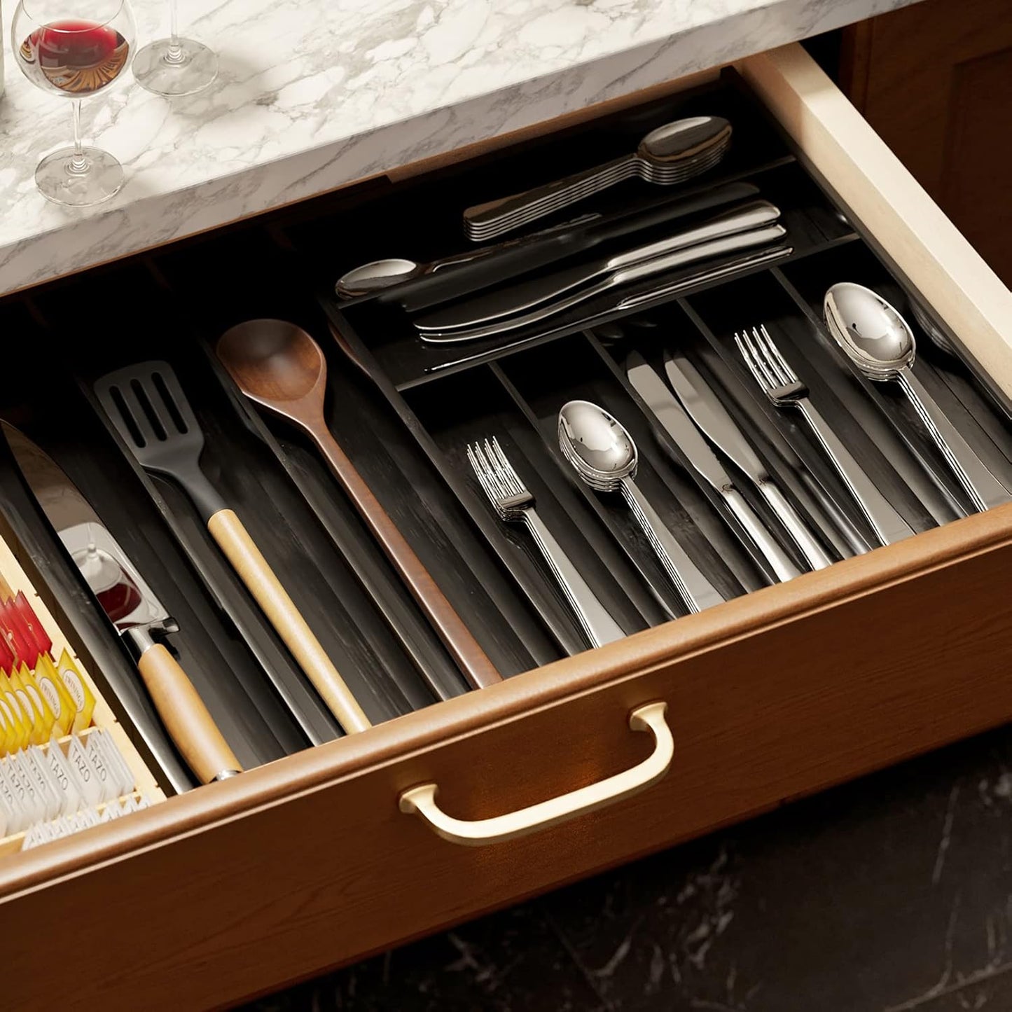 SpaceAid Bamboo Silverware Drawer Organizer with Labels, Kitchen Utensil Expandable Tray Holder