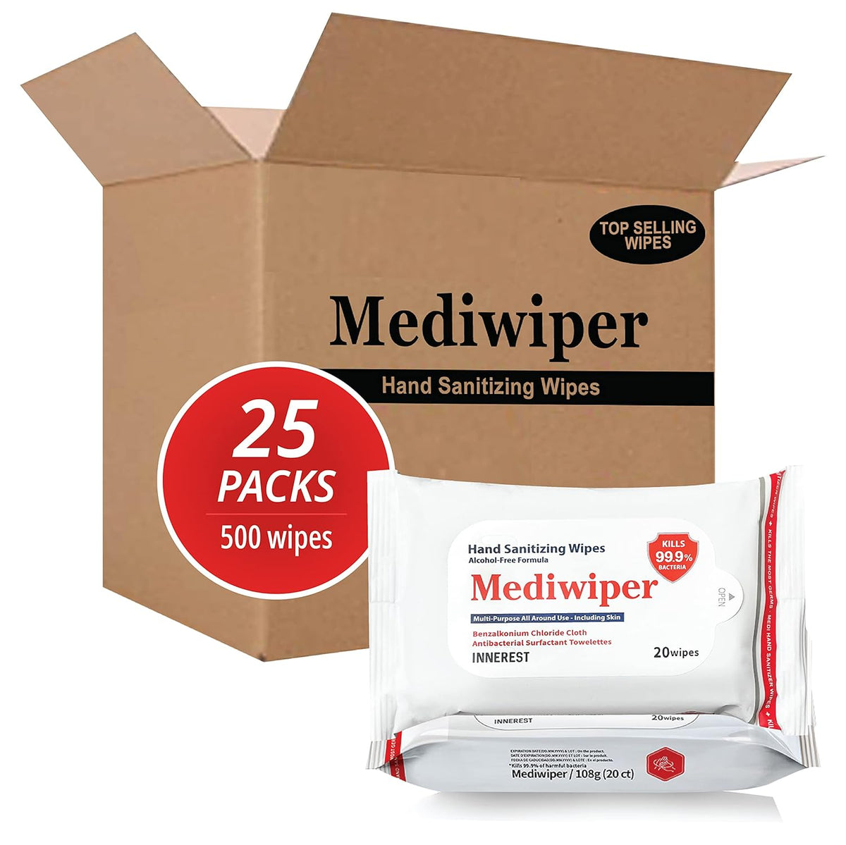 Mediwiper 500 Wipes (20Count*25Pack) Alcohol-Free Sanitizing Wipes Disinfecting Large Unscented Wet