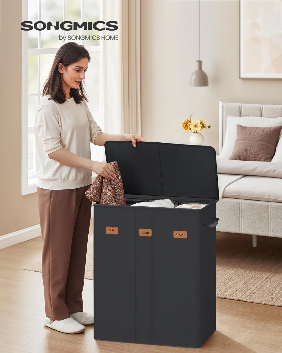 SONGMICS 42.2 Gallon (160 L) Laundry Hamper, 3-Compartment Laundry Basket Sorter with Lid, Labels