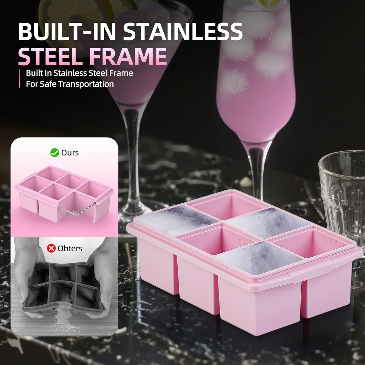 Large Ice Cube Trays for Whiskey (2 Pack) - Silicone Ice Cube Molds with Steel Frame Reinforcement