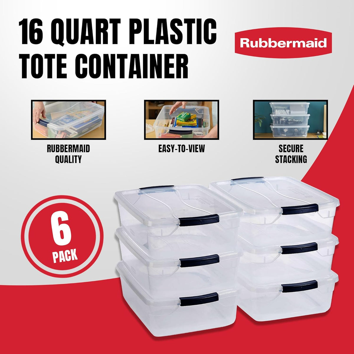 Rubbermaid Cleverstore 16 Qt Clear Storage Bins with Lids, 6-Pack, Stackable, BPA-Free, Made in USA
