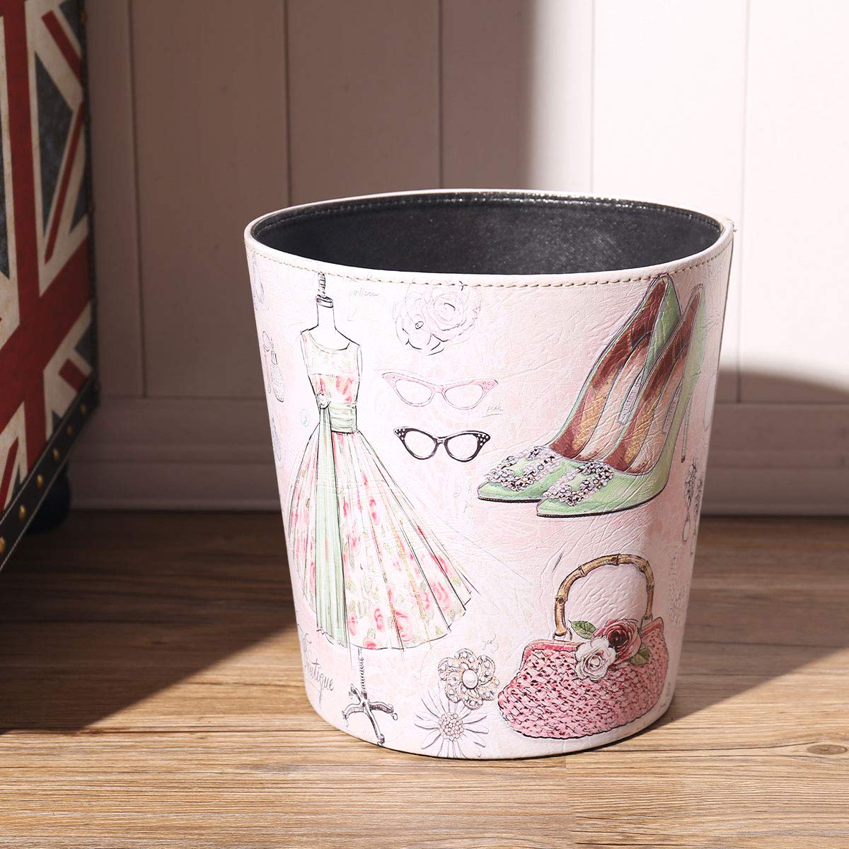 PU Leather Small Trash Can Wastebasket, Round Garbage Container Basket for Bathrooms, Laundry Room