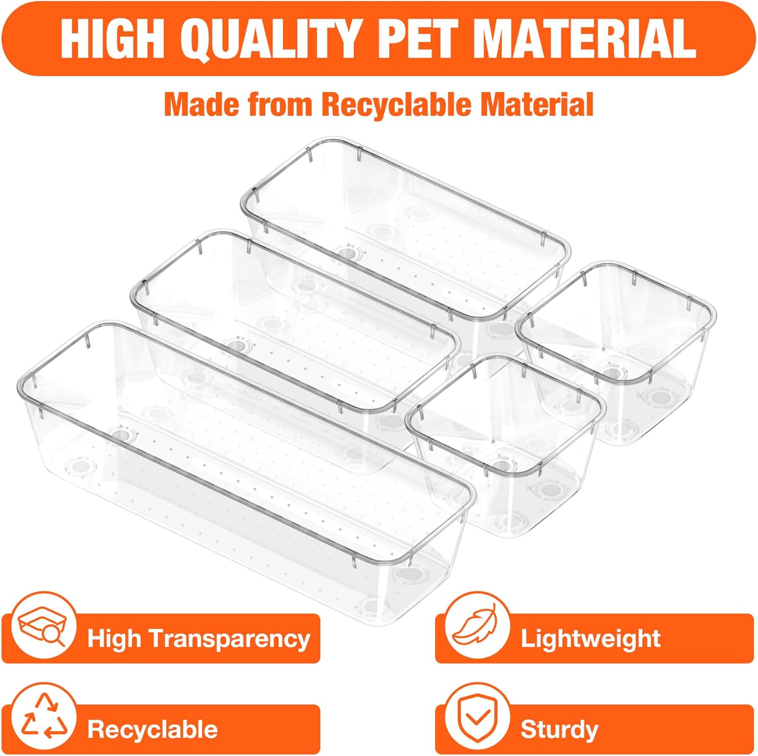 ValueMax 9 PCS Clear Plastic Drawer Organizers Set with Non-Slip Pads, 3 Sizes Desk Drawer