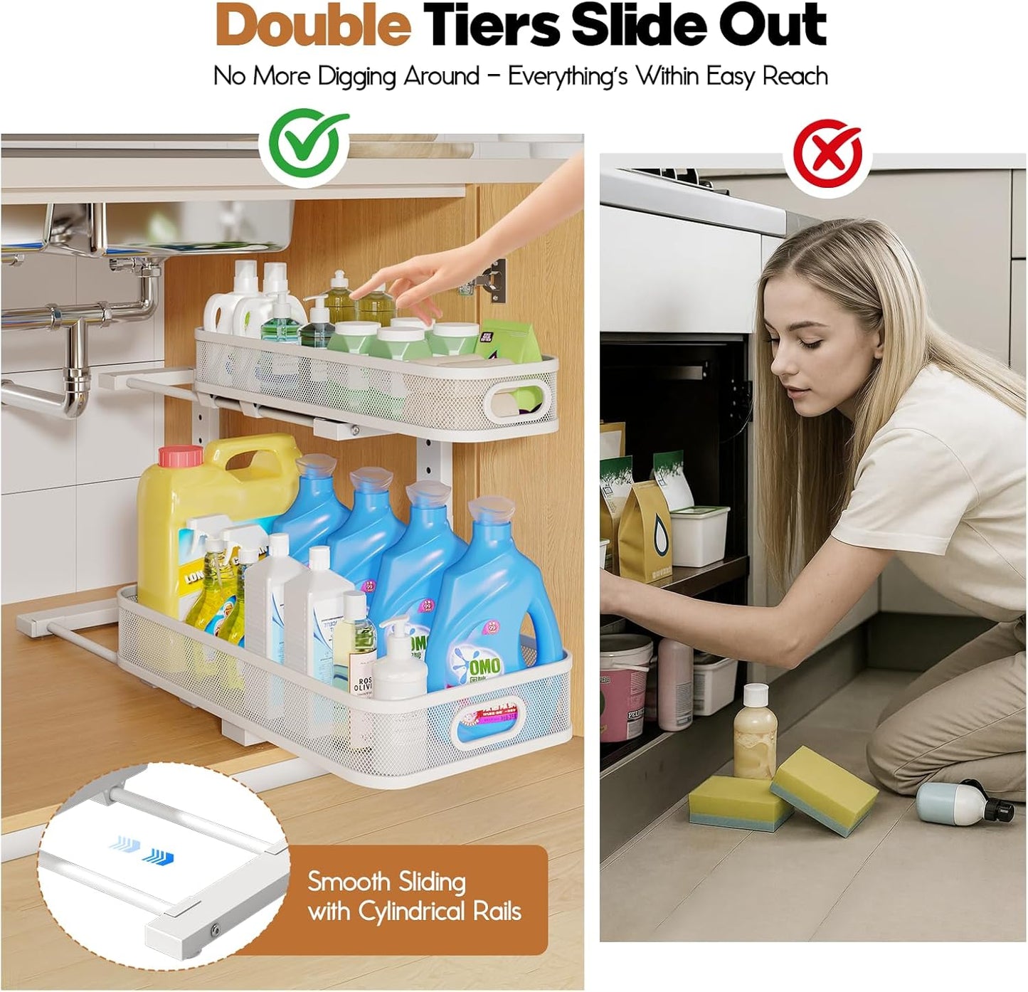 2 Pack 19.3IN-Depth Under Sink Organizer with Smooth Cylindrical Rail,2-Tier Pull Out Multi-Purpose
