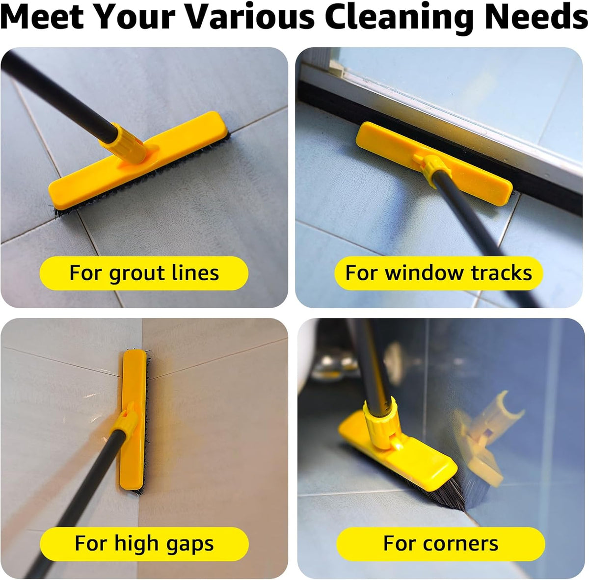 Grout Brush with Long Adjustable Handle - Telescopic, Rotation Tile Grout Cleaning Tool, V-Shape