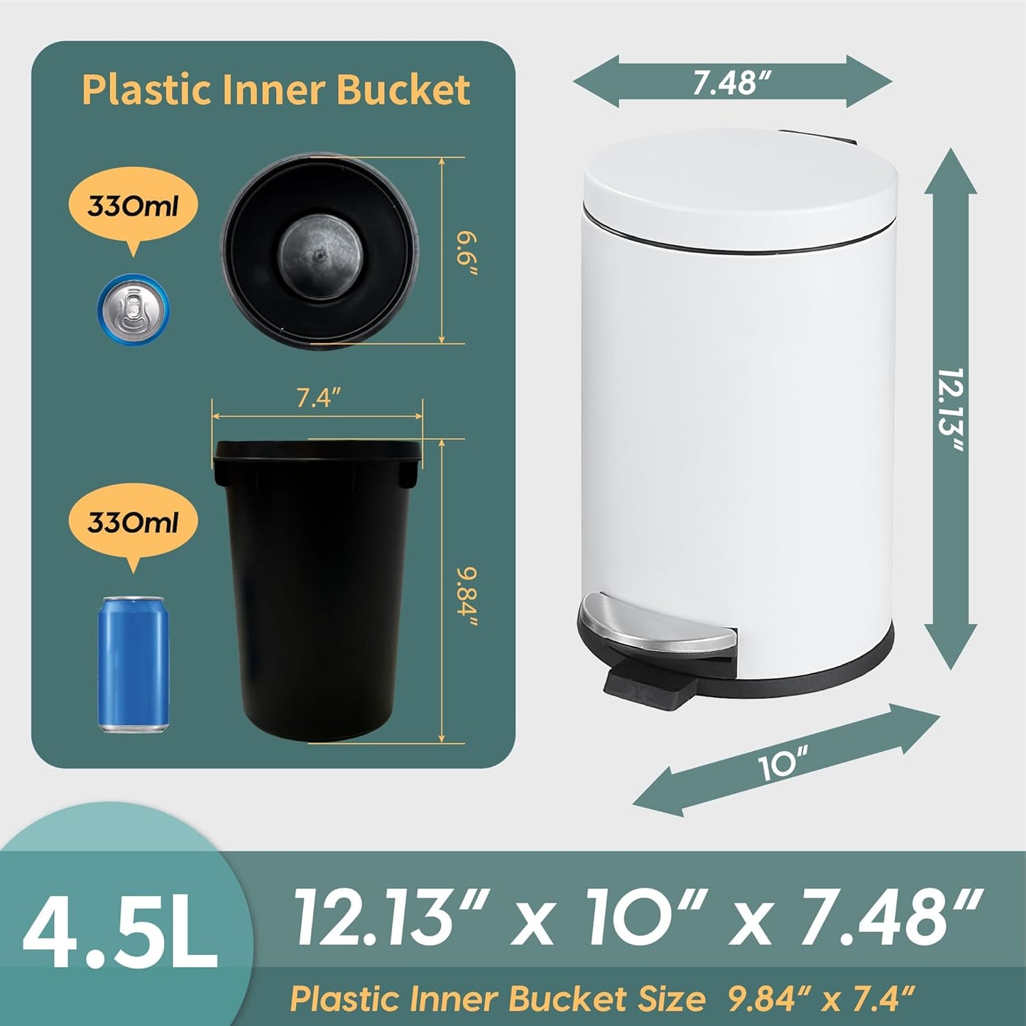 SunnyPoint 4.5 Liter(1.2 Gallon) Small Round Trash Can with Plastic Inner Bucket; Bathroom, Office