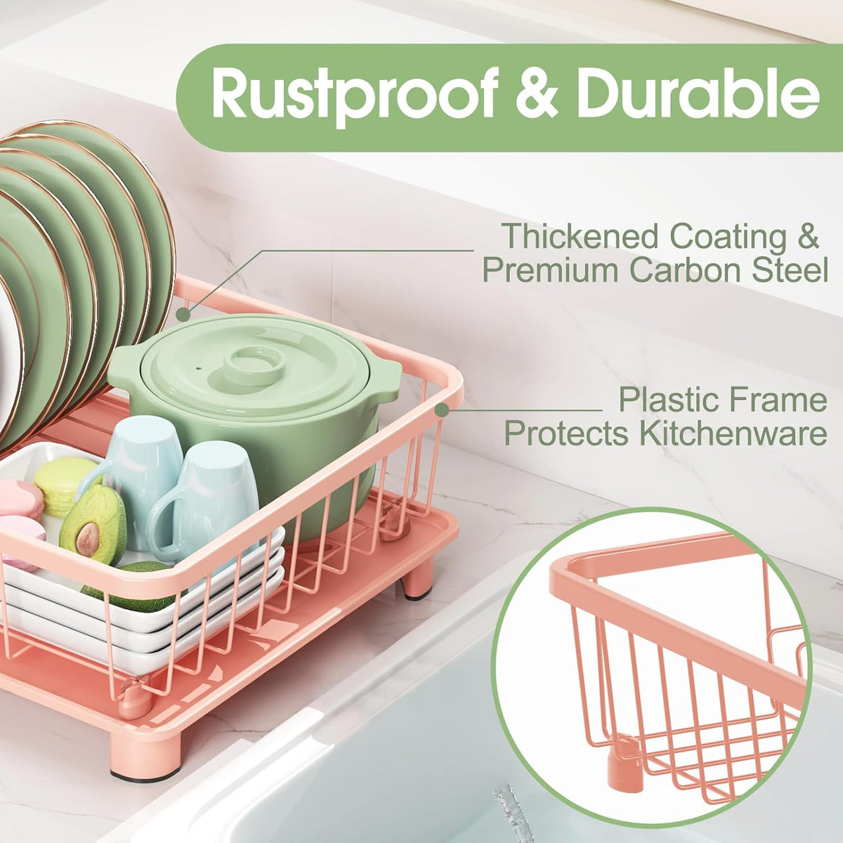 Pink Dish Drying Rack - Space-Saving Dish Rack,Dish Racks for Kitchen Counter with Drainboard